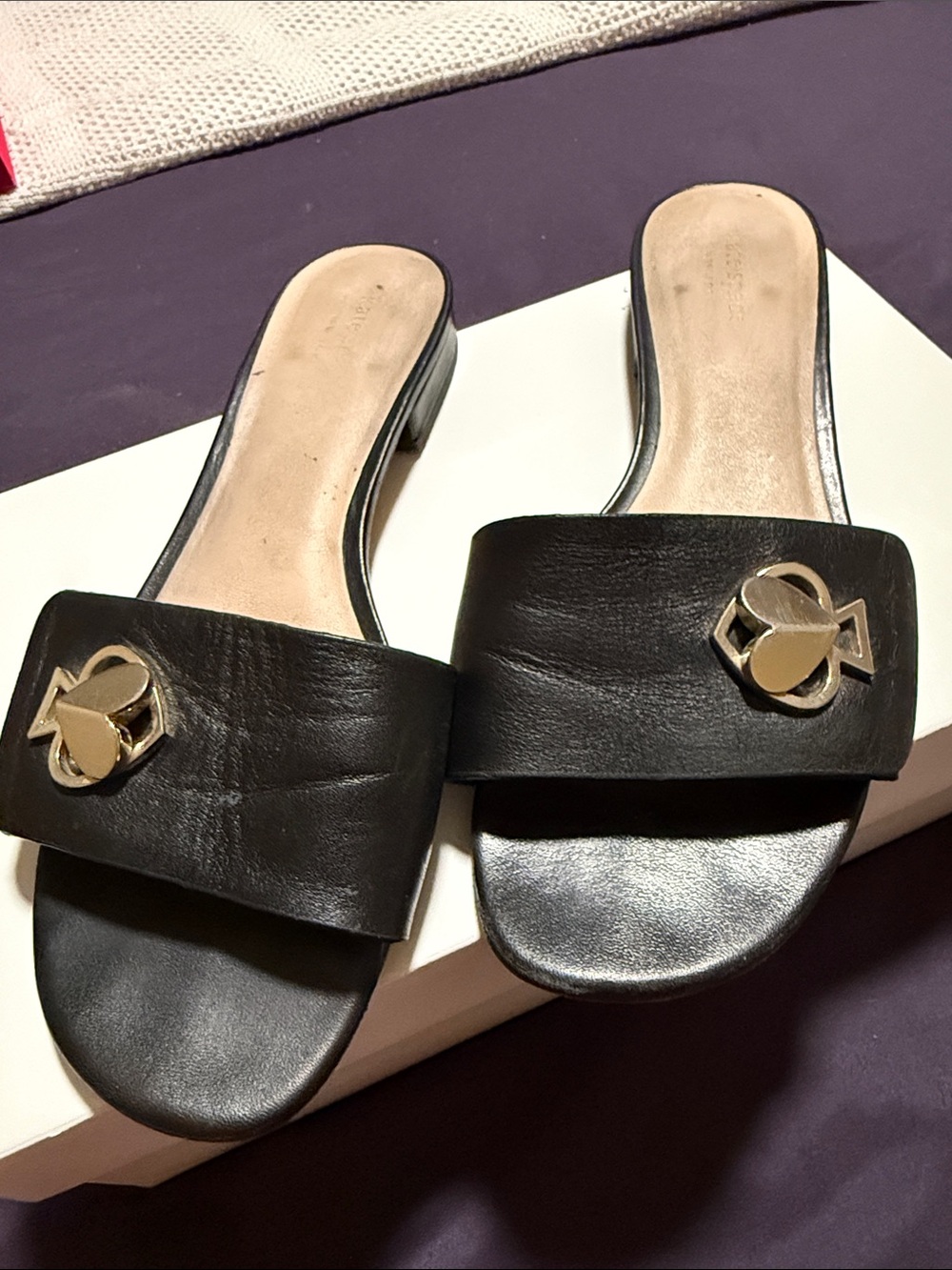 kate spade Black Slide Sandals with Gold Logo Accent
